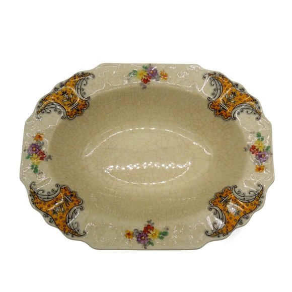 MYOTT SON & Co Floral Oval Bowl Crackle Glaze England Vintage 9" - Picture 2 of 9